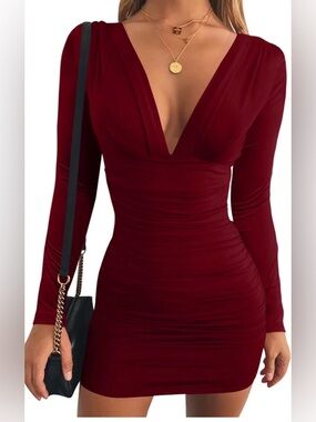 Women's Sexy Long Sleeve V Neck Ruched Bodycon Mini dress